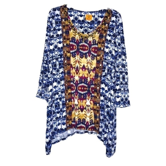 Ruby RD. Blue, White, Gold & Magenta Tribal Print Shark-Bite Top Beaded Size 1X - Picture 1 of 5